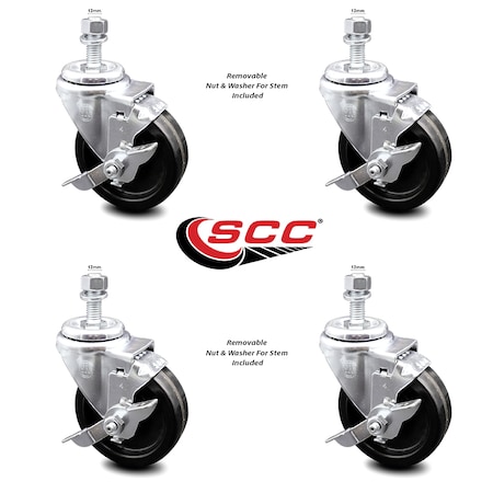 Service Caster 4 Inch Phenolic Wheel Swivel 12mm Threaded Stem Caster Set with Brake SCC SCC-TS20S414-PHR-TLB-M1215-4